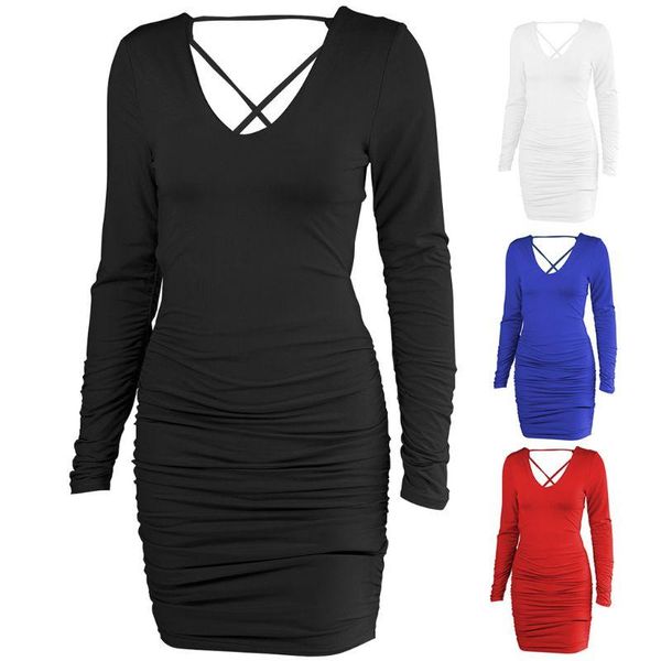 

women long sleeve v-neck ruched bodycon dress backless lace-up clubwear, Black;gray