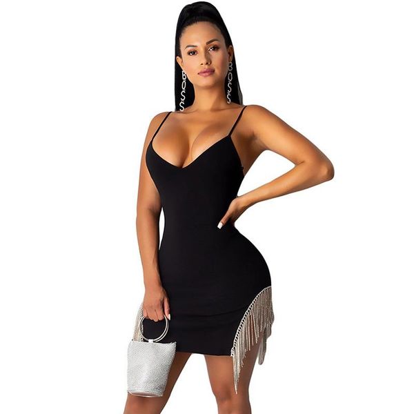 

women elegant black party dress sleeveless backless tassel mini dress spagtetti straps v-neck celebrity club bodycon, Black;gray