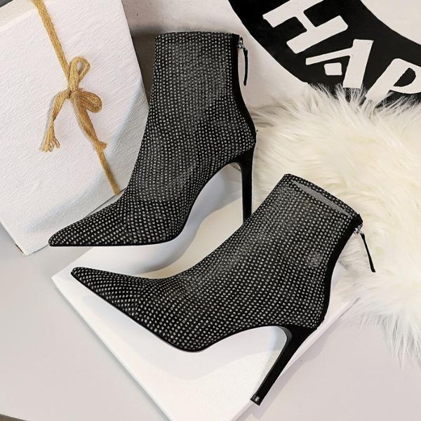 

boots spring autumn glitter crystal air mesh ankle for women pointed toe stiletto high heels ladies black zip nightclu1
