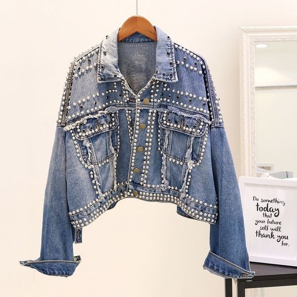 

vintage rivet cropped denim jacket korean jeans jacket women fashion jackets 2019 new autumn chaqueta mujer loose veste femme y200101, Black;brown