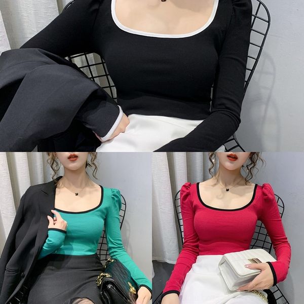 

ian0n slim bubble t-shirt women 2020 autumn new long sleeve heart machine u-neck clavicle t-shirt lower package lower packagesleeve bott, White