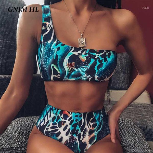 

gnim one shoulder bandeau bikini swimwear women 2020 high waist snake print swimsuit women two pieces push up brazilian biquini1, White;black