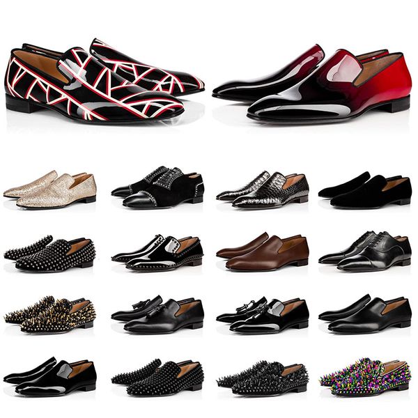 

2021 fashion mens loafers designer shoes red bottoms black brown suede patent leather rivets loafer dress wedding luxury shoes size 39-47