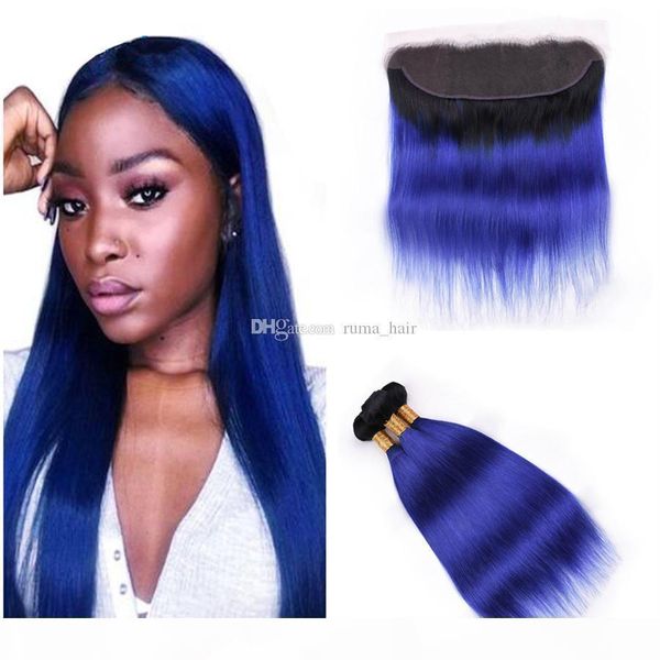

black to blue human hair weaves with lace frontal closure 1b blue ombre straight hair extension with 13x4 lace frontal part, Black;brown