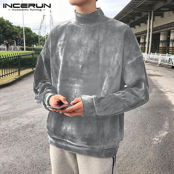 

incerun fashion hoodies men turtleneck korean style streetwear velvet casual sweatshirts hip-hop long sleeve warm chic pullovers1, Black