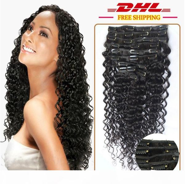 

7a 1b# natural black clip in human hair extesnison 160g 10pcs 16-26'' virgin brazilian indian deep wave clip in hair extensions dh