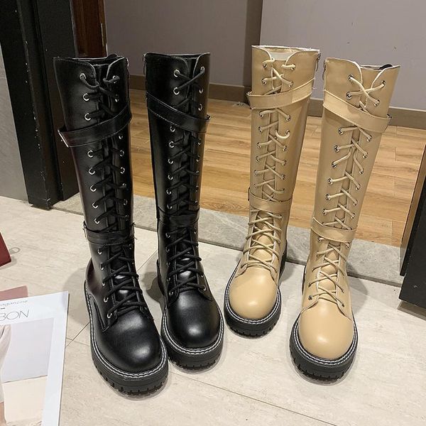 

leather boots female autumn and winter new knee-length boots belt buckle strap side zipper with leather knight tide riding, Black