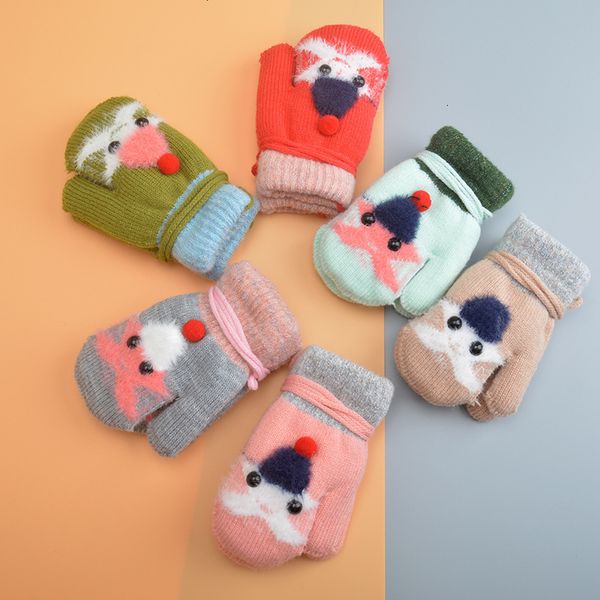 

gloves warm plush thickened winter girl boy 1-year-old 4-knitted double-layer children's bag finger cartoon cute, Blue;gray