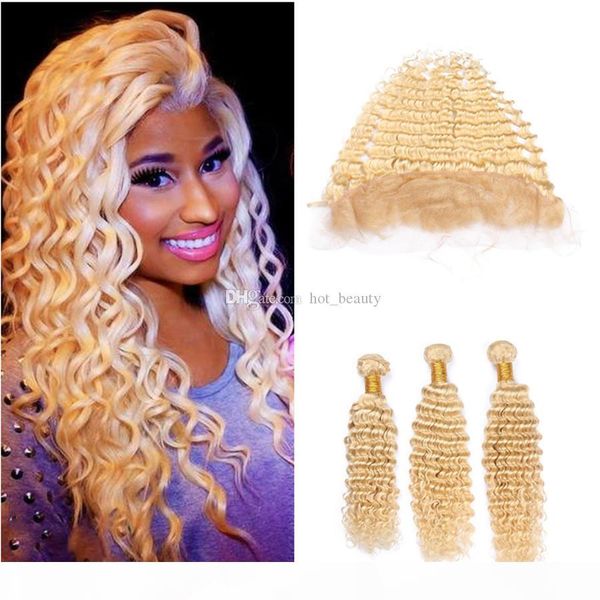 

613 blonde human hair bundles with frontal lace closure deep wave curly bleach blonde brazilian hair bundles deals with 13x4 frontal closure, Black
