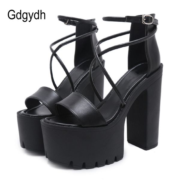

gdgydh platform shoes for summer extreme high heels sandals open toe fashion buckle block heels punk black leather good quality y200702
