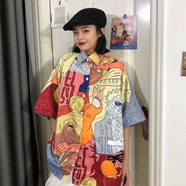 

women's blouses & shirts women harajuku blouse shirt summer funny graphic short sleeve button up clothes hip hop punk streetwear ladie, White