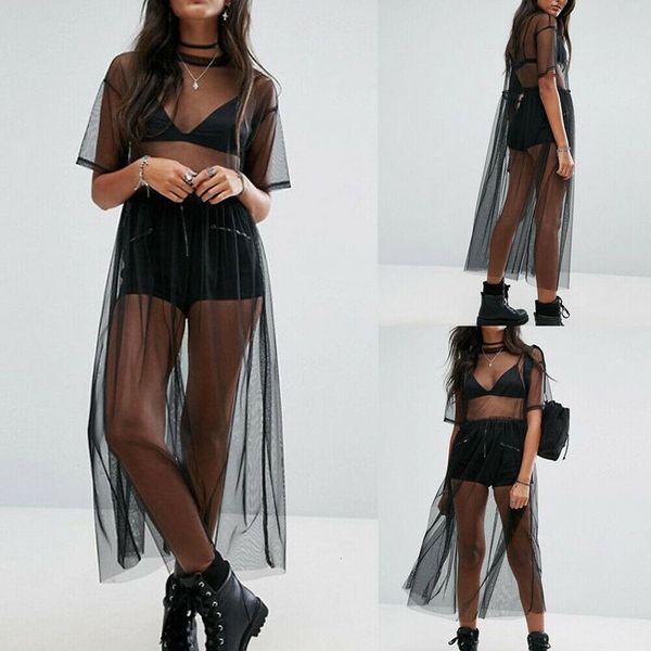 

see-through women black mesh short sleeve cover up dress sheer maxi dress tulle lace long dress, Black;gray