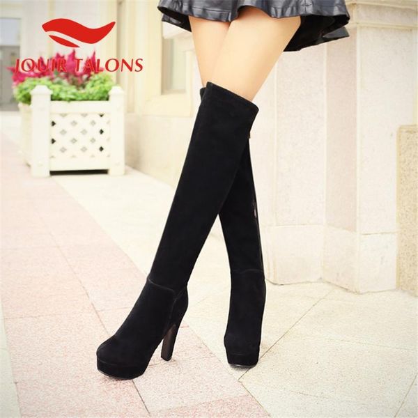 

jouir talons ladies fashion shoes elegant flock round toe spike heels platform over-the-knee boots, Black