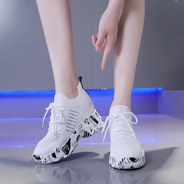 

knit graffiti sole platform wedge sneakers women breathable stretch fabric height increase sock sneakers women black white #be9q