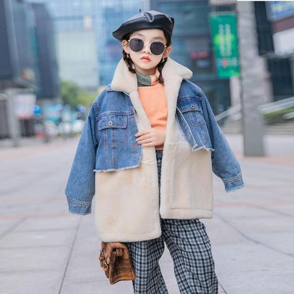 

детские джинсовые лоскутное пальто дети плюс бархатная теплая куртка девушки зима новых повседневных меховых пальто паркер 4-16y ws1856, Blue;gray