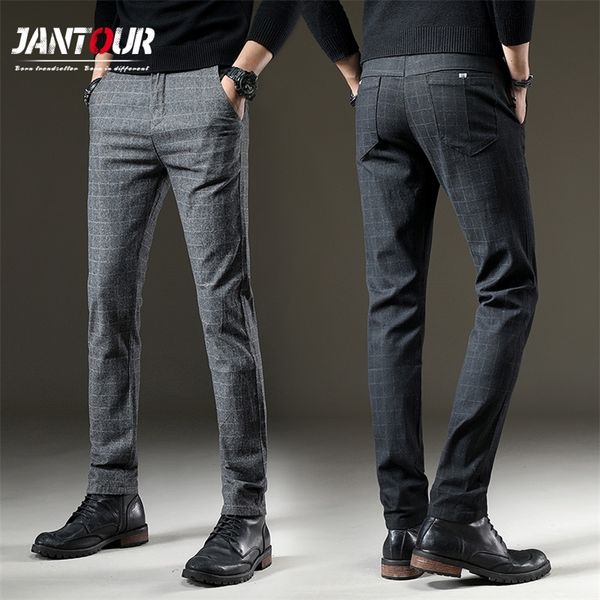 

jantour brand pants men casual elastic long trousers male cotton plaid gray work pant men's autumn winter big size 28-38 201027, Black