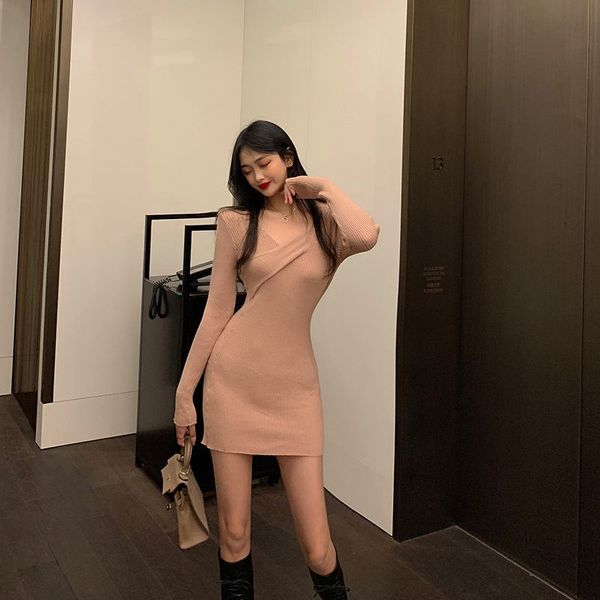 

2021 new spring solid color lean autumn was elegant in women's mesh thin with low v chic knitted dress y229 uc1j, Black;gray