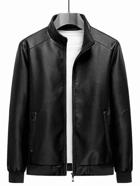 

men solid pu pocket zip up jacket l2im#, Black;brown