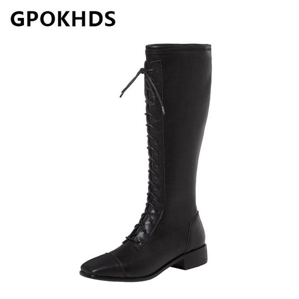 

gpokhds 2021 женщины колено сапоги кожа коровы зима короткая плюшевая квадратные каблуки toe lace-up med женщина сапоги размер 39, Black