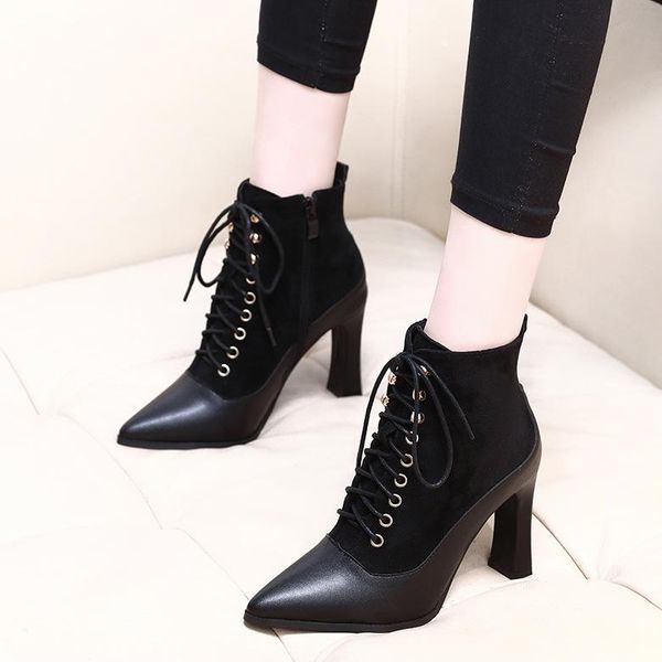

women's rubber boots female shoes winter footwear lace up boots-women rain ladies 2021 high heel pointy rock ankle autumn, Black