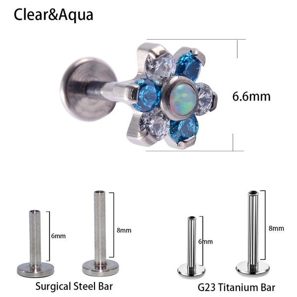 

1pc g23 titanium&steel opal gem labret lip bar ring cubic zircon flower ear cartilage tragus helix piercing screw fit 16g q sqclau, Silver