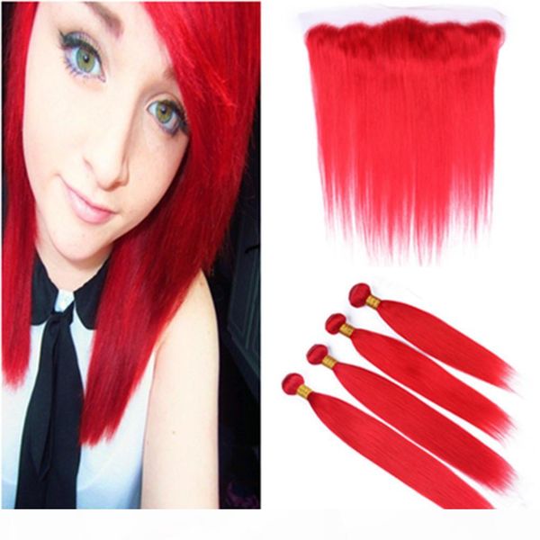 

pure red human hair lace frontal closure with bundles brazilian bright red straight weaves virgin hair 4 bundles with lace frontal 13x4&quot, Black;brown