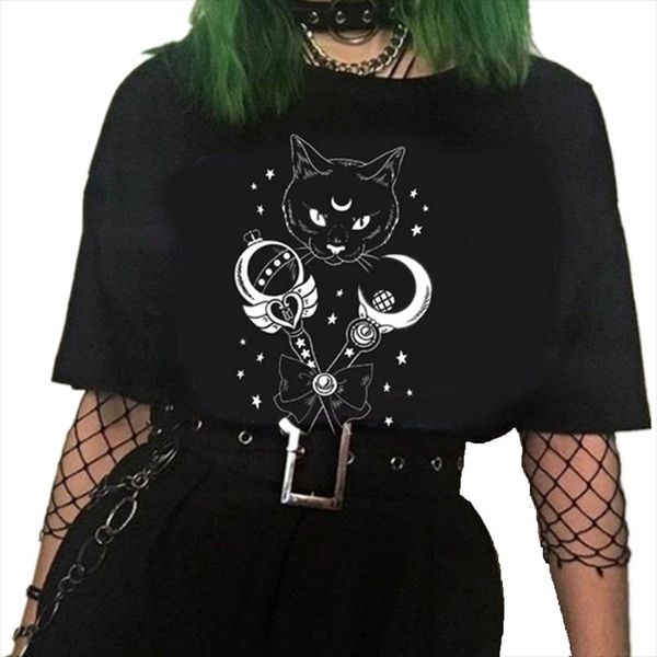 

punk gothic женщины футболка kawaii мультфильм распечатать с коротким рукавом o шея свободные топ tee harajuku мода темный гранж эстетическа, White