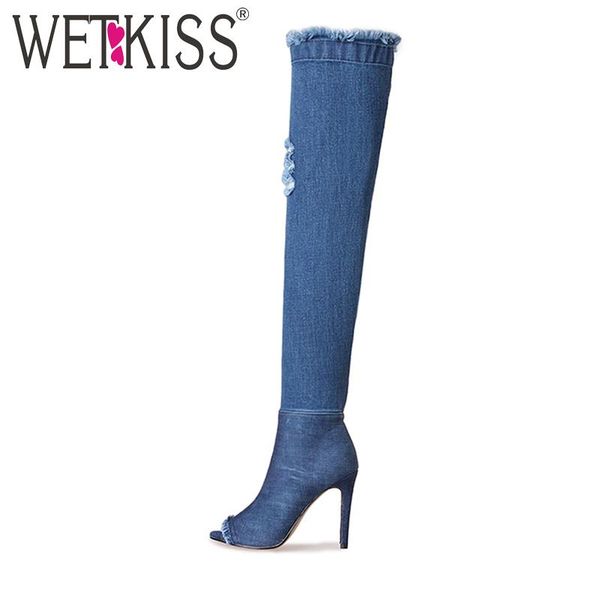 

boots 2021 big size 33-43 denim over the knee women ripped boot female peep toe thin high heels shoes woman 2 styles, Black