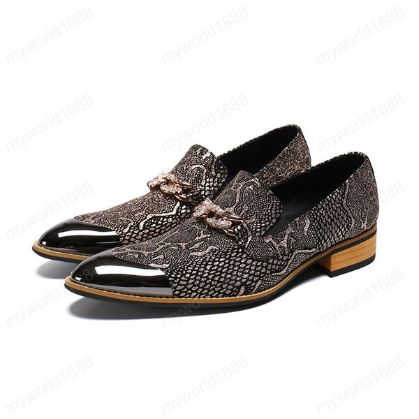 Sapatos de metal pontiagudos empresariais tamanho grande pele de cobra vestido formal sapatos masculinos sapatos de formatura couro legítimo com strass