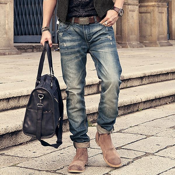 

brand motorcycle denim biker slim fit washed vintage ripped for elastic pants skinny jeans men k538, Blue