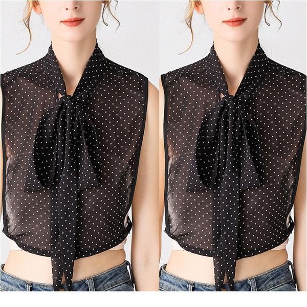 

women vintage polka dot semi-sheer false fake collar lace-up bow tie necklace sweater decorative detachable hal qylytj, Blue;red