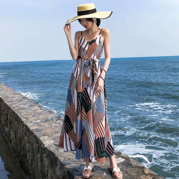 

holiday beach skirt chiffon suspender seaside skirt bohemian long skirt geometric pattern ethnic dress female summer, White;black