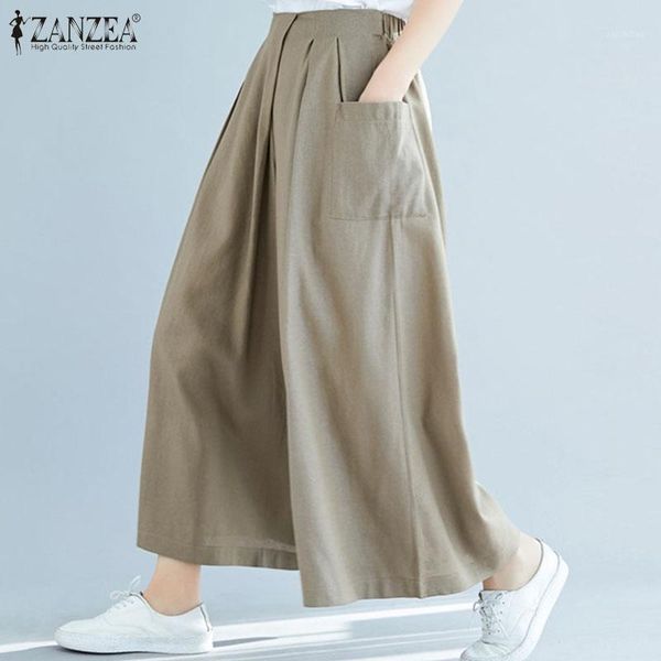 

zanzea women's pants 2020 fashion elastic waist bottoms ladies wide leg long trousers casual pockets pantalon femme streetwear1, Black;white