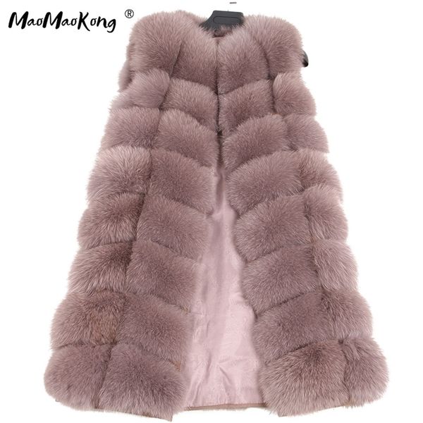 

maomaokong 100% fox fur vest women real natural whole fox fur coat 90cm long winter fur jacket waistcoat plus size 4xl 201212, Black