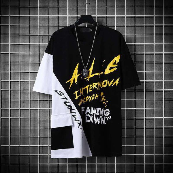 

hip hop patchwork t shirt man t-shirt male casual summer loose black tshirt streetwear black korean tees for boys, White;black