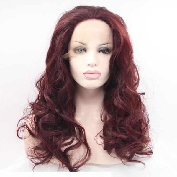 

aliblisswig wholesale heat friendly fiber hair synthetic lace front wig 99j burgundy curly long synthetic lace body wave wig, Black