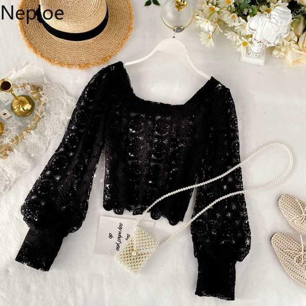 

neploe hollow out design lace blouse square collar puff long sleeve slim blusas autumn spring hook flower shirt spring484721, White