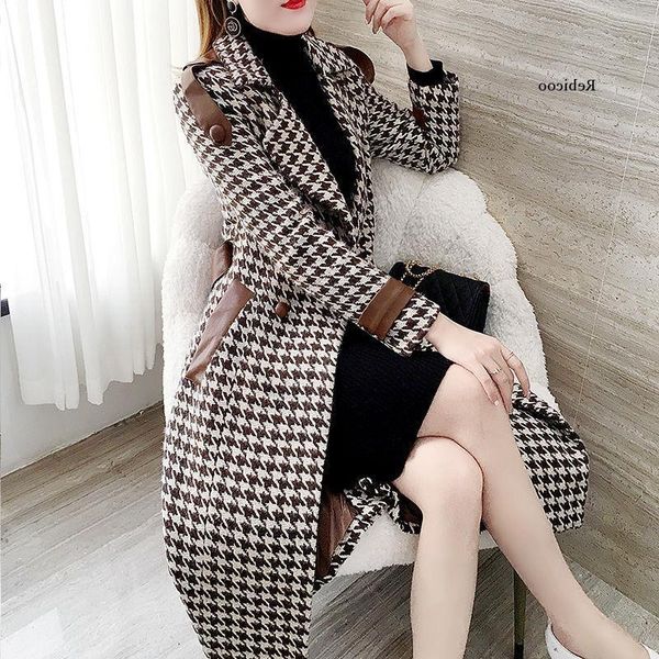 

fashion women's mid-length autumn and winter new style korean houndstooth slim woolen coat, Black