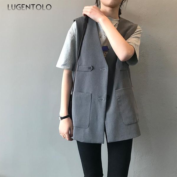 

women vest spring solid loose v-neck simple fashion sleeveless casual coat pocket suit vests lugentolo, Black;white