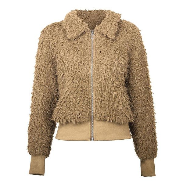 

elegant faux fur coat women autumn winter warm soft zipper fur jacket female plush overcoat pocket casual outwear, Black