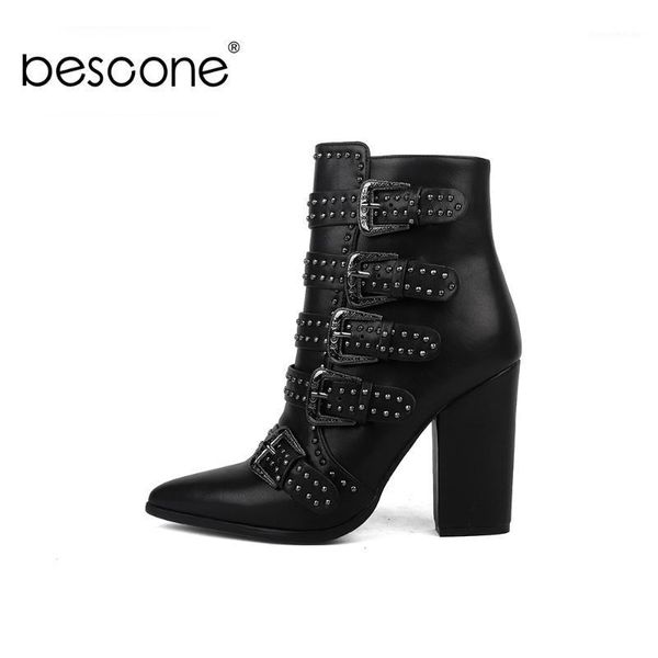 

boots bescone pointed toe women mid-calf winter handmade metal buckle square heel shoes super high ladies by1331, Black