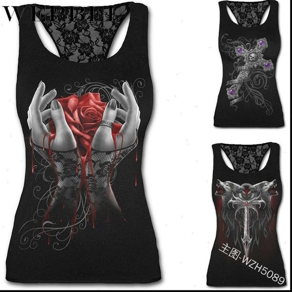 

women summer slim fit tank sleeveless o neck hollow out skull 3d print shirt drop shipping, White