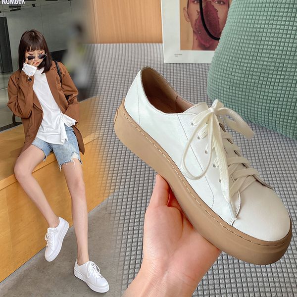 

2020 genuine leather natural flat-footed round-foot fashion lace to female white shoes fu1m, Black