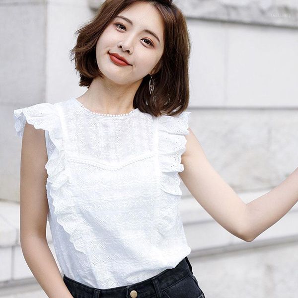 

2020 new korean style flounce shoulder o-neck embroidery lace blouse white ruffle sleeveless blouses women summer casual 1
