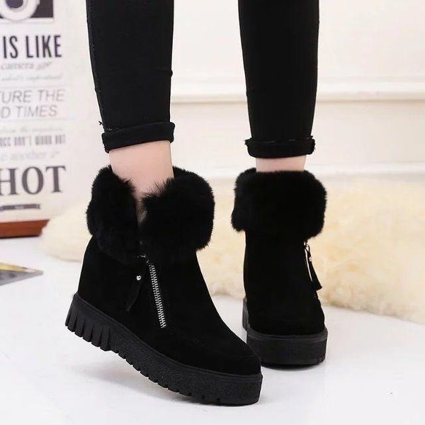 

women boots platform winter shoes women snow boots platform keep warm ankle real fur with thick fur heels botas mujer, Black
