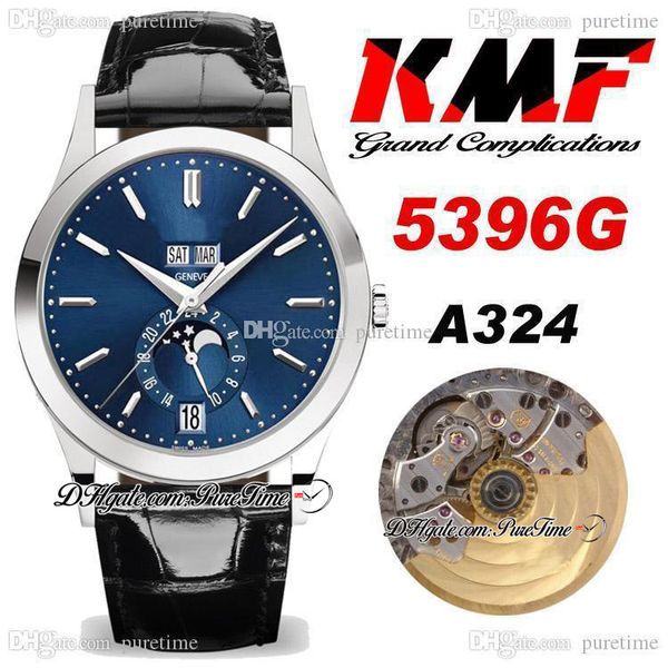 KMF 5396G-011 Grand Complications A324 Automatik-Herrenuhr, Stahlgehäuse, blaues Zifferblatt, silberne Stickmarkierung, Mondphase, schwarzes Lederarmband, Uhren, Super Edition Puretime D4