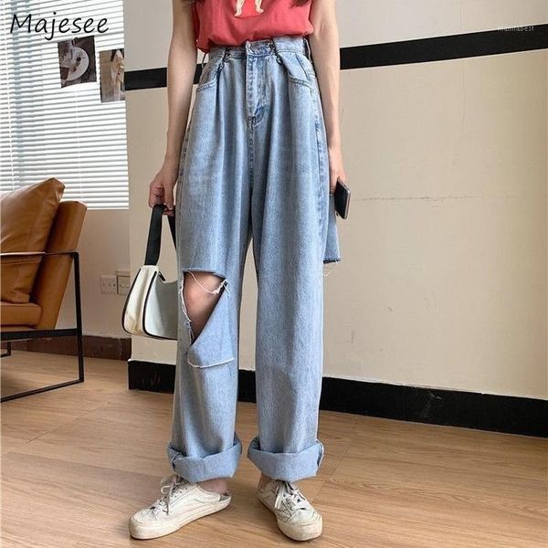 

jeans women wide leg hole ripped high waist denim special button loose bf streetwear oversize casual daily womens clothing chic1, Blue