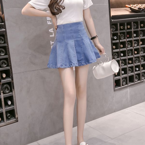 

woman pleated mini high waist tutu summer a line jeans washed stretch denim skirt short for women 1014, Black