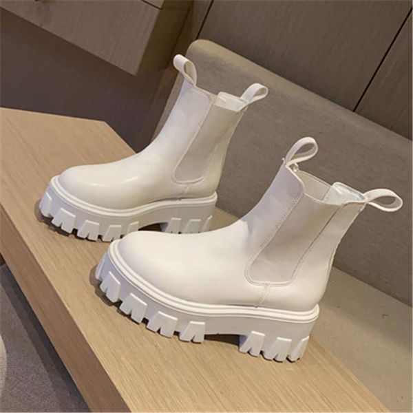 

slip-on beige black women ankle boots elastic opening female short boots round toe platform motorcycle woman chunky shoes
