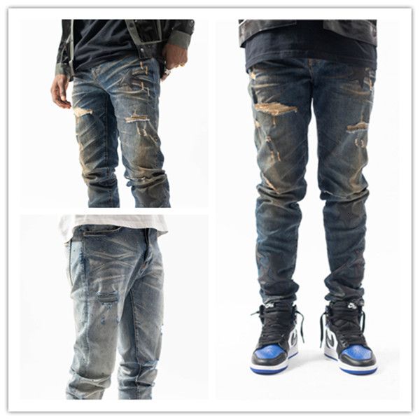 

new mens designer heavy industry jeans ripped slim-leg jeans vintage style hole fashion mens holes jeans slim motorcycle biker causal mens, Blue